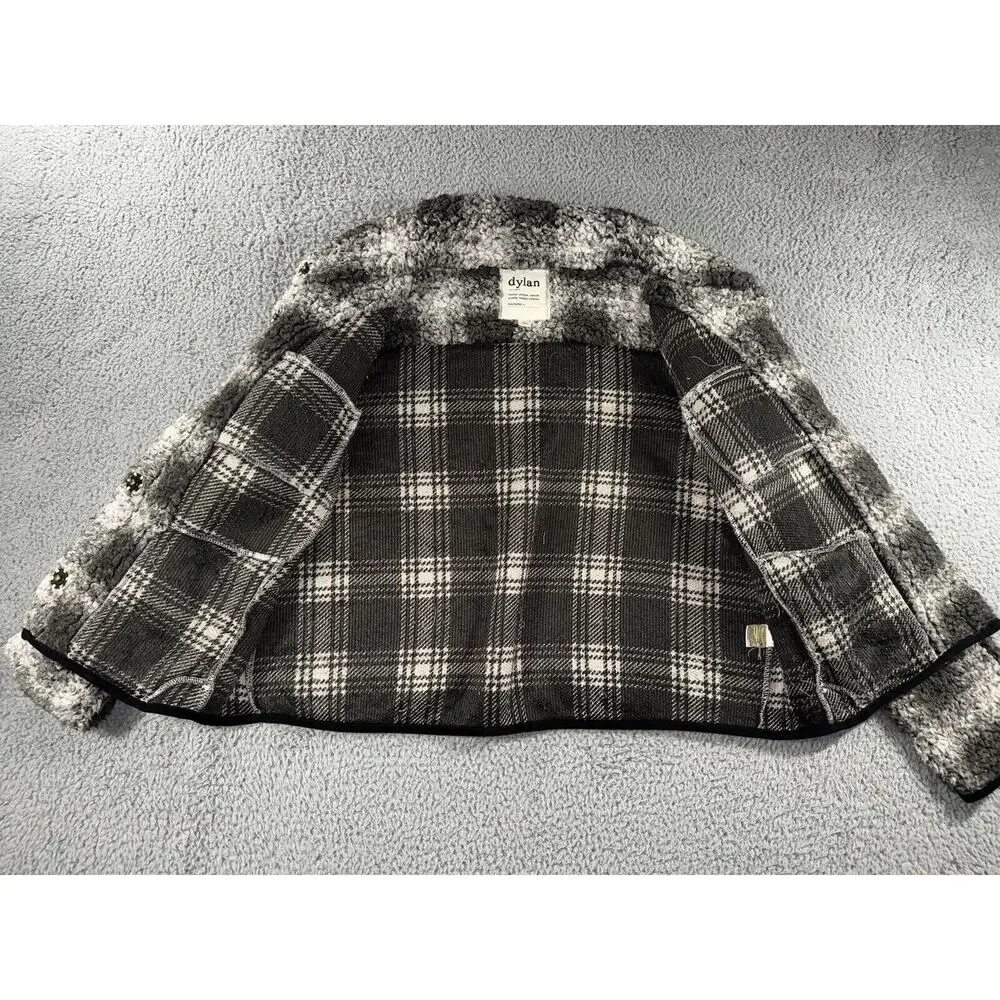 Dylan Sherpa Jacket Women Large Plaid Faux Fur Button Up Cozy Soft‎ Plush